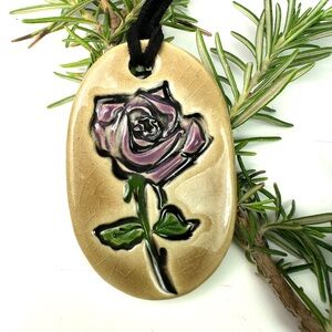 Surly-Ramics Purple Rose Ceramic Pendant Necklace with Faux Suede Cord NIB